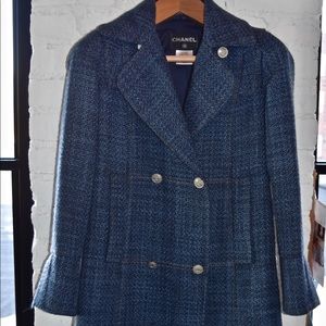 CHANEL Blue Tweed Boucle Double Breasted Coat